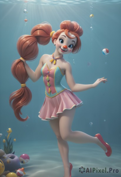 1girl,solo,long hair,breasts,looking at viewer,blush,smile,open mouth,blue eyes,skirt,brown hair,dress,cleavage,bare shoulders,jewelry,very long hair,standing,collarbone,full body,red hair,small breasts,shoes,teeth,artist name,water,necklace,nail polish,orange hair,lips,bare arms,eyelashes,pokemon (creature),bare legs,strapless,makeup,ocean,leg up,sunlight,standing on one leg,red footwear,pink dress,strapless dress,low-tied long hair,pink skirt,bubble,poke ball,yellow ribbon,underwater,hair tie,poke ball (basic),air bubble,shell,hair ornament,flower,earrings,freckles,red lips,submerged,multi-tied hair,freediving