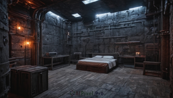 indoors,no humans,window,bed,chair,table,scenery,science fiction,stairs,door,light,lamp,crate,box,wooden floor,cable