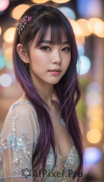 1girl,solo,long hair,breasts,looking at viewer,bangs,black hair,hair ornament,dress,cleavage,brown eyes,jewelry,medium breasts,closed mouth,upper body,earrings,blurry,black eyes,from side,lips,see-through,eyelashes,depth of field,blurry background,realistic,nose,bokeh,brown hair,purple hair,parted lips,makeup