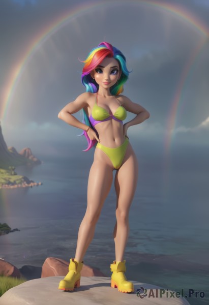 1girl,solo,long hair,breasts,looking at viewer,smile,blue eyes,navel,cleavage,bare shoulders,medium breasts,blue hair,standing,purple eyes,collarbone,swimsuit,full body,pink hair,purple hair,bikini,multicolored hair,small breasts,boots,outdoors,green hair,sky,artist name,cloud,dark skin,water,high heels,two-tone hair,dark-skinned female,lips,makeup,cameltoe,ocean,watermark,beach,lipstick,tan,web address,personification,contrapposto,toned,hands on hips,rock,yellow bikini,green bikini,rainbow,rainbow hair,yellow footwear