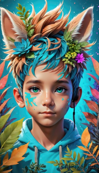 solo,looking at viewer,short hair,blue eyes,brown hair,hair ornament,1boy,animal ears,closed mouth,green eyes,blue hair,upper body,flower,male focus,multicolored hair,parted lips,artist name,cat ears,hair flower,hood,two-tone hair,aqua eyes,lips,fox ears,eyelashes,hoodie,headphones,leaf,watermark,blue background,facial mark,hood down,plant,portrait,androgynous,freckles,blue flower,nose,drawstring,facepaint,head wreath,blue hoodie,paint splatter,paint,paint splatter on face,thick eyebrows,messy hair,dog ears,extra ears,yellow flower,purple flower,male child,earphones,earbuds