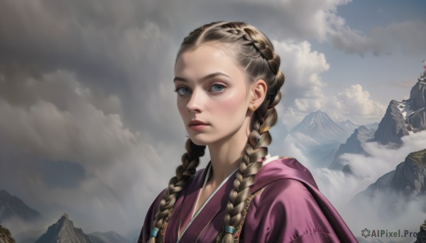 1girl,solo,long hair,looking at viewer,blue eyes,blonde hair,brown hair,jewelry,closed mouth,upper body,braid,earrings,outdoors,sky,day,cloud,necklace,twin braids,lips,cloudy sky,hair over shoulder,mountain,realistic,nose,multiple braids,japanese clothes,scenery,freckles,landscape