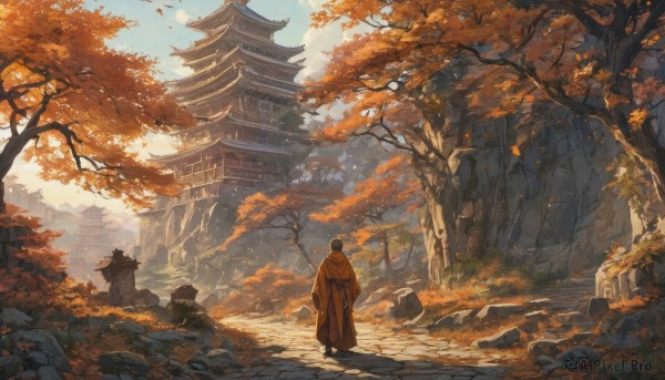 solo,short hair,black hair,long sleeves,1boy,standing,male focus,outdoors,japanese clothes,sky,day,cloud,wide sleeves,kimono,water,from behind,tree,blue sky,leaf,building,nature,scenery,forest,rock,facing away,autumn leaves,maple leaf,architecture,wide shot,east asian architecture,autumn,statue,falling leaves,orange theme,stone lantern,pagoda,mountain,stone