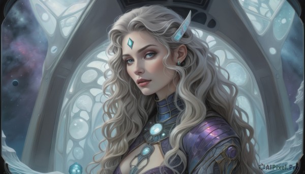 1girl,solo,long hair,breasts,looking at viewer,blue eyes,blonde hair,hair ornament,cleavage,jewelry,medium breasts,upper body,grey hair,earrings,parted lips,sky,armor,lips,clothing cutout,window,makeup,wavy hair,facial mark,cleavage cutout,gem,star (sky),starry sky,red lips,space,forehead jewel,lipstick,portrait,curly hair,realistic,nose