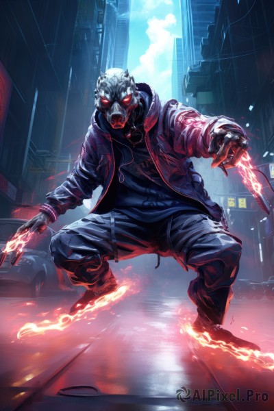 solo,looking at viewer,red eyes,gloves,1boy,holding,jacket,weapon,male focus,outdoors,open clothes,sky,pants,hood,holding weapon,open jacket,gun,hoodie,mask,glowing,fire,knife,building,glowing eyes,hooded jacket,city,cyborg,gas mask,cyberpunk,black gloves,black pants,squatting,motor vehicle