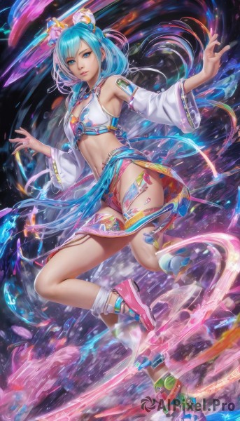 1girl,solo,long hair,breasts,looking at viewer,blue eyes,hair ornament,navel,animal ears,cleavage,bare shoulders,jewelry,blue hair,full body,braid,small breasts,detached sleeves,shoes,shorts,midriff,wide sleeves,lips,short shorts,tattoo,medium breasts,very long hair,underwear,panties,swimsuit,bikini,multicolored hair,aqua eyes,aqua hair,watermark,sandals