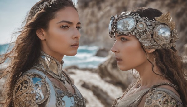 long hair,multiple girls,brown hair,black hair,2girls,brown eyes,jewelry,upper body,earrings,outdoors,parted lips,day,armor,blurry,looking at another,from side,lips,eyelashes,profile,depth of field,blurry background,wavy hair,goggles,shoulder armor,gem,portrait,curly hair,goggles on head,pauldrons,realistic,nose,fantasy,looking at viewer,closed mouth,sky,necklace,symmetry