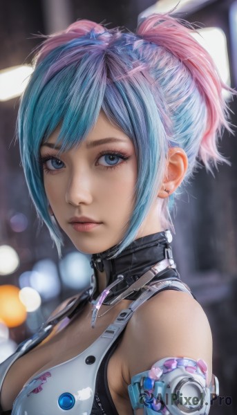 1girl,solo,breasts,looking at viewer,short hair,bangs,blue eyes,cleavage,bare shoulders,jewelry,medium breasts,closed mouth,blue hair,upper body,ponytail,pink hair,multicolored hair,earrings,blurry,from side,two-tone hair,lips,see-through,eyelashes,bodysuit,makeup,depth of field,blurry background,piercing,ear piercing,science fiction,realistic,nose,stud earrings,cyberpunk,sidelocks,sleeveless,artist name,gradient hair,portrait,bokeh