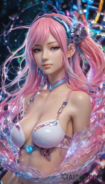 1girl,solo,long hair,breasts,looking at viewer,bangs,blue eyes,large breasts,navel,cleavage,bare shoulders,jewelry,medium breasts,closed mouth,underwear,collarbone,swimsuit,upper body,pink hair,bikini,hairband,choker,shiny,water,bra,lips,white bikini,realistic,hair ornament,sidelocks,artist name,blurry,aqua eyes,eyelashes,detached collar,swept bangs,headgear,one side up,expressionless,gem,armlet,water drop,nose