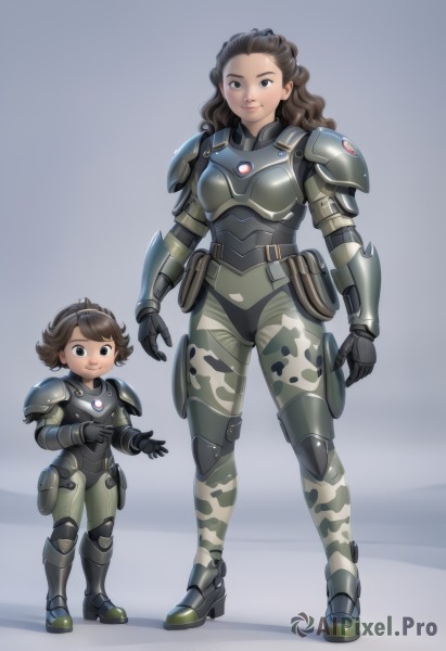 long hair,looking at viewer,smile,short hair,multiple girls,brown hair,black hair,gloves,2girls,brown eyes,closed mouth,standing,full body,boots,black gloves,grey background,armor,black eyes,lips,bodysuit,wavy hair,shoulder armor,child,science fiction,pouch,breastplate,height difference,knee pads,animification,camouflage,open hands,simple background,hairband,mole,gauntlets,mole under mouth,freckles,pauldrons,armored boots,power armor