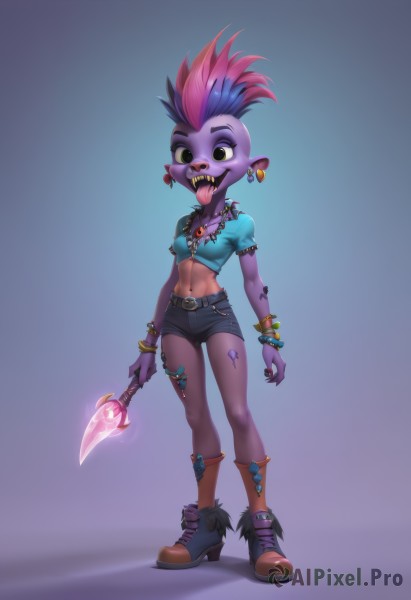 1girl,solo,breasts,looking at viewer,short hair,open mouth,shirt,navel,holding,jewelry,standing,full body,weapon,pink hair,purple hair,short sleeves,multicolored hair,earrings,small breasts,boots,shorts,teeth,tongue,midriff,puffy sleeves,belt,dark skin,tongue out,necklace,holding weapon,black eyes,bracelet,covered nipples,two-tone hair,puffy short sleeves,crop top,fingernails,gradient,gradient background,short shorts,tattoo,makeup,glowing,colored skin,brown footwear,black shorts,piercing,ring,denim,sharp teeth,spiked hair,polearm,ear piercing,genderswap,buckle,genderswap (mtf),spikes,purple background,single earring,bangle,ankle boots,purple skin,cropped shirt,long tongue,pink skin,mohawk,tongue piercing,smile,simple background,blue hair,shoes,pointy ears,stomach,dark-skinned female,torn clothes,saliva,gradient hair,knife,lipstick,beads,toned,asymmetrical hair,belt buckle,sharp fingernails,cutoffs,bead bracelet,purple lips,leg tattoo,skull necklace