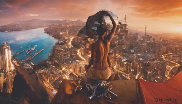 1girl,solo,long hair,outdoors,sky,shorts,cloud,dark skin,water,from behind,arm up,bird,ocean,back,topless,building,scenery,flying,science fiction,sunset,city,aircraft,horizon,cityscape,watercraft,tower,boat,landscape,short hair,black hair,1boy,sitting,male focus,topless male,river