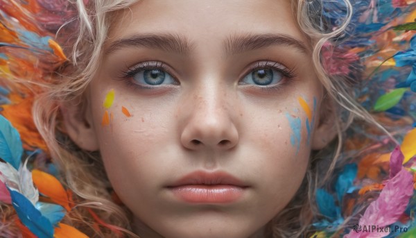 1girl, solo, looking at viewer, blue eyes, blonde hair, flower, parted lips, mole, lips, eyelashes, leaf, portrait, close-up, freckles, realistic, nose