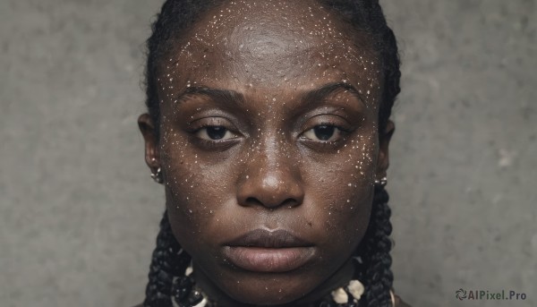 1girl,solo,long hair,looking at viewer,black hair,jewelry,closed mouth,braid,earrings,dark skin,grey background,necklace,mole,black eyes,dark-skinned female,lips,dark-skinned male,portrait,mole under mouth,realistic,very dark skin,dreadlocks,1boy,male focus,collar,close-up,curly hair