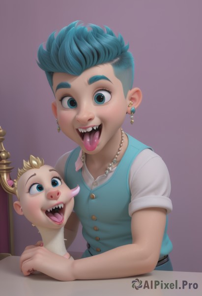 1girl,looking at viewer,smile,short hair,open mouth,blue eyes,blonde hair,shirt,1boy,jewelry,blue hair,white shirt,upper body,short sleeves,male focus,earrings,multiple boys,teeth,tongue,2boys,tongue out,necklace,vest,aqua eyes,saliva,buttons,upper teeth only,piercing,aged down,crown,sharp teeth,ear piercing,child,purple background,male child,blue vest,very short hair,baby,what,tongue piercing,multiple girls,2girls,aqua hair,siblings,realistic,brother and sister,pearl necklace,mohawk