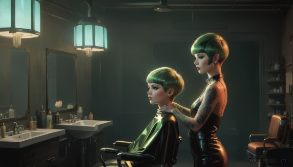 1girl,breasts,short hair,blonde hair,1boy,dress,bare shoulders,jewelry,sitting,closed eyes,earrings,green hair,choker,indoors,black dress,from side,window,tattoo,makeup,siblings,chair,bottle,lipstick,child,rain,lamp,arm tattoo,leather,bangs,multiple girls,long sleeves,2girls,parted lips,sleeveless,signature,blunt bangs,looking at another,lips,profile,mirror,hand on another's shoulder,red lips,stud earrings,very short hair,stool,hands on another's shoulders,bowl cut