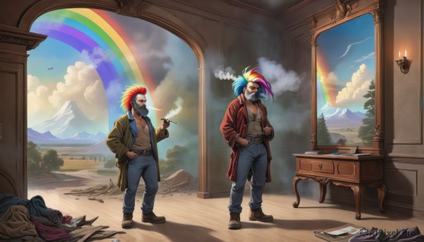 long hair,shirt,gloves,1boy,holding,blue hair,standing,jacket,ponytail,male focus,red hair,multicolored hair,boots,outdoors,multiple boys,open clothes,sky,day,belt,pants,cloud,indoors,2boys,tree,streaked hair,coat,book,facial hair,bird,brown footwear,table,denim,beard,brown gloves,smoke,personification,cigarette,hand in pocket,jeans,paper,mountain,smoking,blue pants,candle,rainbow,map,cigar,tent,rainbow hair,1girl,blonde hair,shoes,open jacket,mask,brown jacket,hands in pockets,mouth mask,leather,holding cigarette,leather jacket