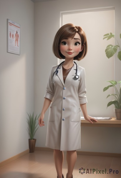 1girl,solo,looking at viewer,blush,smile,short hair,bangs,brown hair,brown eyes,closed mouth,standing,full body,indoors,black footwear,lips,swept bangs,plant,child,red nails,labcoat,female child,potted plant,nurse,slippers,clipboard,stethoscope,doctor,breasts,shoes,black eyes,buttons,phone,thick eyebrows,sneakers,sleeves rolled up,nose,arms at sides,red lips,no socks,sleeves pushed up,calendar (object)