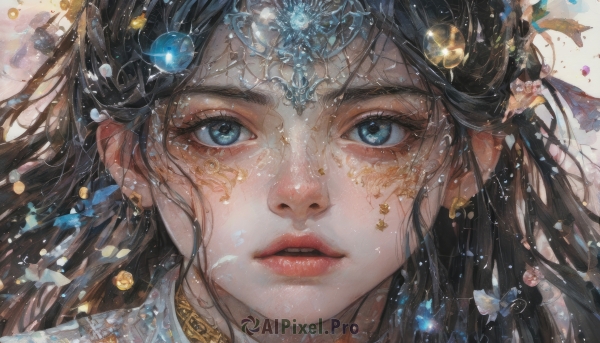 1girl,solo,long hair,looking at viewer,blue eyes,brown hair,black hair,hair ornament,jewelry,earrings,parted lips,lips,eyelashes,gem,portrait,close-up,circlet,realistic,red lips,gold,bangs,teeth,artist name,bug,butterfly,light particles,freckles,nose,straight-on,head chain