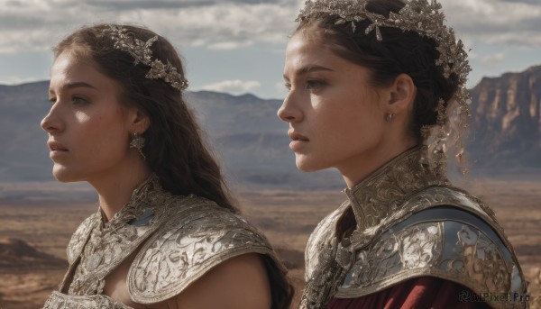 long hair,blue eyes,multiple girls,brown hair,black hair,hair ornament,2girls,brown eyes,jewelry,upper body,earrings,outdoors,parted lips,sky,day,cloud,armor,blurry,from side,lips,blurry background,cloudy sky,tiara,looking up,shoulder armor,portrait,freckles,pauldrons,mountain,realistic,nose,looking afar,dress,profile,sunlight,desert