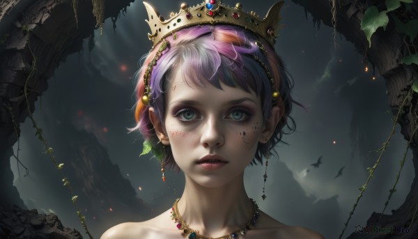 1girl,solo,looking at viewer,short hair,bangs,hair ornament,bare shoulders,jewelry,green eyes,collarbone,purple hair,multicolored hair,earrings,outdoors,parted lips,sky,artist name,cloud,necklace,lips,eyelashes,makeup,bird,leaf,facial mark,tiara,crown,plant,gem,portrait,freckles,realistic,vines,mascara,pink hair,scenery,facepaint