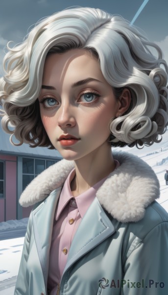 1girl,solo,looking at viewer,blush,short hair,blue eyes,shirt,jewelry,closed mouth,jacket,upper body,white hair,grey hair,earrings,outdoors,open clothes,sky,day,collared shirt,artist name,cloud,blue sky,lips,coat,fur trim,eyelashes,makeup,buttons,wavy hair,building,snow,freckles,curly hair,pink shirt,realistic,nose,unbuttoned,winter clothes,stud earrings,winter,blue coat,winter coat,bangs,signature,dress shirt,watermark,cloudy sky,lipstick,zipper,red lips