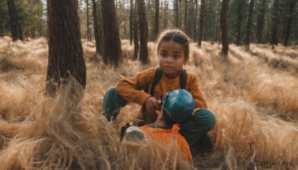 1girl,looking at viewer,short hair,shirt,black hair,long sleeves,1boy,sitting,male focus,outdoors,multiple boys,day,pants,dark skin,2boys,vest,tree,dark-skinned male,helmet,robot,child,nature,forest,realistic,male child,animification,orange shirt,very dark skin,holding,bag,looking at another,backpack,grass,snow,one knee,baby,spacesuit