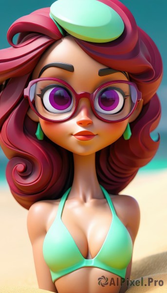 1girl,solo,long hair,breasts,looking at viewer,smile,hat,cleavage,bare shoulders,jewelry,medium breasts,closed mouth,purple eyes,collarbone,swimsuit,upper body,bikini,red hair,multicolored hair,earrings,small breasts,outdoors,glasses,day,artist name,blurry,lips,eyelashes,makeup,beach,lipstick,tan,personification,red-framed eyewear,curly hair,sand,green bikini,pink hair,two-tone hair,blurry background,ocean