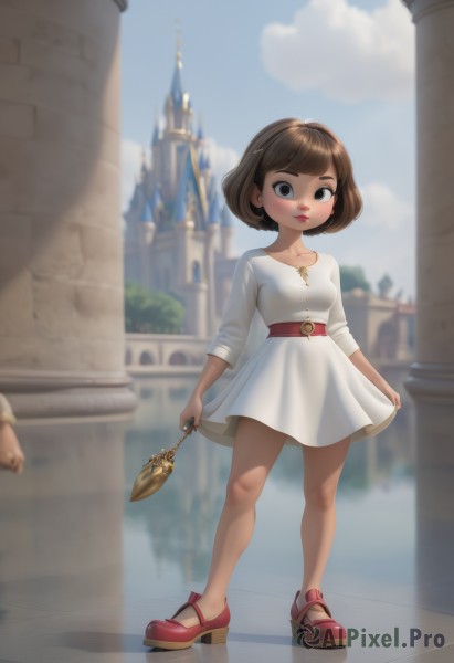 1girl,solo,breasts,looking at viewer,blush,short hair,bangs,brown hair,long sleeves,dress,holding,brown eyes,jewelry,closed mouth,standing,collarbone,full body,small breasts,outdoors,sky,shoes,day,belt,cloud,white dress,blurry,black eyes,high heels,blue sky,lips,bare legs,makeup,blurry background,short dress,bob cut,lipstick,red footwear,child,buckle,wand,red lips,female child,pillar,no socks,artist name,reflection,skirt hold