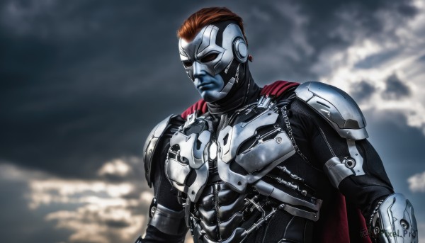 solo,brown hair,1boy,upper body,male focus,sky,cloud,cape,armor,blurry,mask,colored skin,cloudy sky,realistic,blue skin,cyborg,superhero,signature,lips,science fiction,red cape,shoulder pads,alien