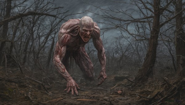 solo,open mouth,1boy,male focus,outdoors,sky,teeth,tree,no humans,blood,cloudy sky,all fours,nature,forest,rain,veins,monster,realistic,bare tree,horror (theme),muscular,bald,death,corpse