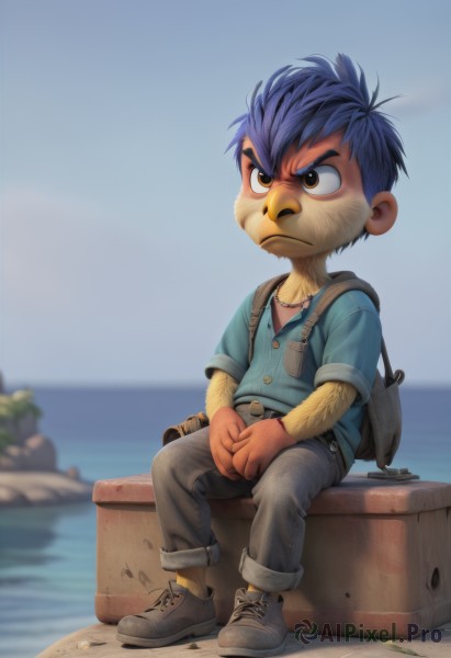 solo,short hair,shirt,1boy,brown eyes,jewelry,sitting,closed mouth,blue hair,full body,short sleeves,male focus,outdoors,sky,shoes,day,belt,pants,artist name,water,necklace,bag,blurry,blue sky,blurry background,bird,ocean,frown,thick eyebrows,backpack,blue shirt,denim,child,furry,furry male,male child,crate,sneakers,jeans,rock,log