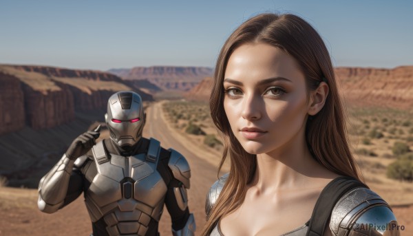 1girl,long hair,breasts,looking at viewer,brown hair,1boy,cleavage,brown eyes,jewelry,medium breasts,collarbone,upper body,earrings,outdoors,parted lips,day,armor,blurry,blue sky,lips,blurry background,robot,science fiction,mountain,realistic,nose,cyborg,power armor,desert,red eyes,sky,portrait,mecha