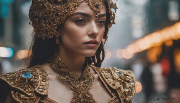 1girl,solo,long hair,brown hair,black hair,hair ornament,brown eyes,jewelry,closed mouth,upper body,earrings,solo focus,nail polish,armor,blurry,black eyes,lips,makeup,depth of field,blurry background,looking away,expressionless,tiara,shoulder armor,gem,portrait,blue nails,pauldrons,gold trim,realistic,nose,necklace,looking to the side,headdress,looking afar