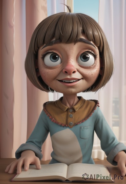 1girl,solo,looking at viewer,smile,short hair,open mouth,bangs,blue eyes,brown hair,shirt,long sleeves,upper body,ahoge,teeth,indoors,blunt bangs,black eyes,cup,grey eyes,book,window,table,bob cut,curtains,child,freckles,pocket,open book,female child,eyelashes,realistic,nose