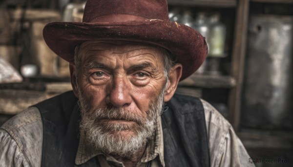 solo,looking at viewer,shirt,1boy,hat,closed mouth,white shirt,upper body,white hair,grey hair,male focus,collared shirt,indoors,blurry,vest,grey eyes,blurry background,facial hair,portrait,beard,realistic,mustache,brown headwear,manly,old,old man,depth of field,frown,black vest,serious,cowboy hat,brown vest