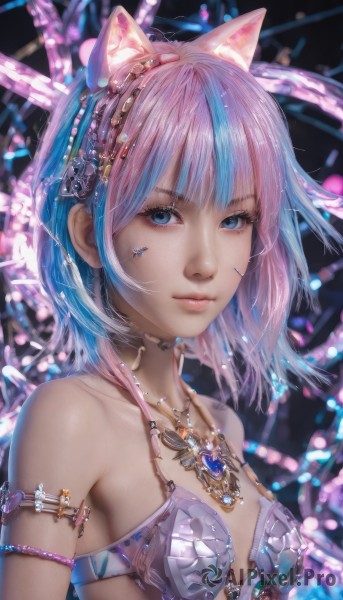 1girl,solo,breasts,looking at viewer,short hair,bangs,blue eyes,hair ornament,animal ears,bare shoulders,jewelry,closed mouth,blue hair,collarbone,swimsuit,upper body,pink hair,bikini,multicolored hair,hairband,small breasts,shiny,cat ears,medium hair,necklace,armor,blurry,two-tone hair,lips,streaked hair,eyelashes,blurry background,fake animal ears,gem,armlet,realistic,nose,bikini armor,bra,facial mark