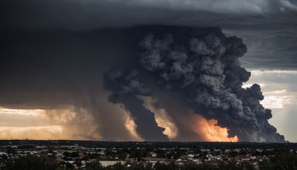 outdoors,sky,cloud,dutch angle,no humans,cloudy sky,fire,building,scenery,smoke,city,horizon,cityscape,explosion,skyscraper,landscape,city lights,sunlight,field