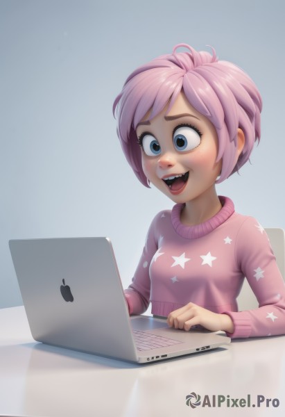 1girl,solo,breasts,blush,smile,short hair,open mouth,bangs,blue eyes,simple background,long sleeves,sitting,upper body,pink hair,:d,small breasts,teeth,artist name,star (symbol),sweater,makeup,fangs,freckles,star print,computer,laptop,pink sweater,lips,eyelashes,realistic,nose