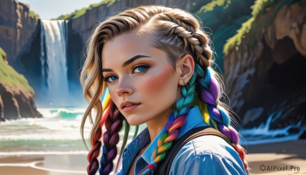 1girl,solo,long hair,looking at viewer,blush,blue eyes,blonde hair,brown hair,shirt,jewelry,blue hair,upper body,braid,multicolored hair,earrings,outdoors,parted lips,teeth,day,water,mole,vest,twin braids,from side,two-tone hair,lips,mole under eye,makeup,beach,piercing,portrait,side braid,freckles,realistic,nose,stud earrings,blue vest,waterfall,multiple braids,blurry,eyelashes,aqua hair,gradient hair,blurry background,sunlight,thick eyebrows,denim,lipstick,ear piercing,forehead,eyeshadow,pink lips,mascara,mole above mouth