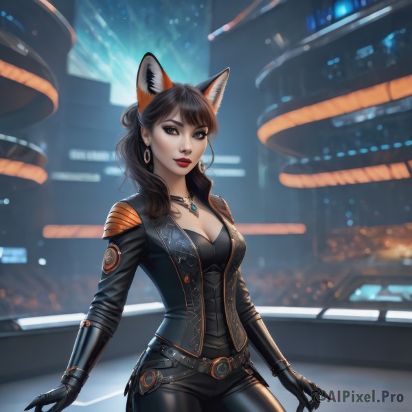 1girl,solo,long hair,breasts,looking at viewer,smile,bangs,brown hair,black hair,gloves,animal ears,cleavage,brown eyes,jewelry,medium breasts,jacket,ponytail,cowboy shot,earrings,parted lips,black gloves,belt,pants,artist name,cat ears,necklace,mole,blurry,black eyes,open jacket,lips,black jacket,fox ears,bodysuit,makeup,blurry background,black pants,lipstick,pendant,hoop earrings,nose,red lips,leather,mole above mouth,standing,tail,open clothes,extra ears,science fiction,realistic,tight,leather jacket,tight pants,leather pants