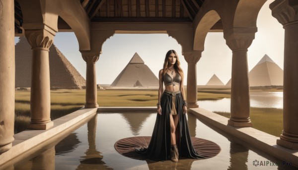 1girl,solo,long hair,breasts,looking at viewer,skirt,large breasts,brown hair,black hair,navel,cleavage,bare shoulders,brown eyes,jewelry,medium breasts,standing,earrings,outdoors,barefoot,midriff,black skirt,water,bracelet,scenery,reflection,walking,long skirt,pillar,column,realistic