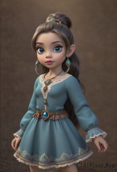 1girl,solo,long hair,breasts,looking at viewer,blue eyes,brown hair,hair ornament,long sleeves,dress,jewelry,standing,cowboy shot,earrings,small breasts,pointy ears,belt,necklace,hair bun,lips,makeup,blue dress,brooch,gem,child,forehead,pendant,brown background,realistic,female child,ponytail,single hair bun,lipstick,lace,aqua dress