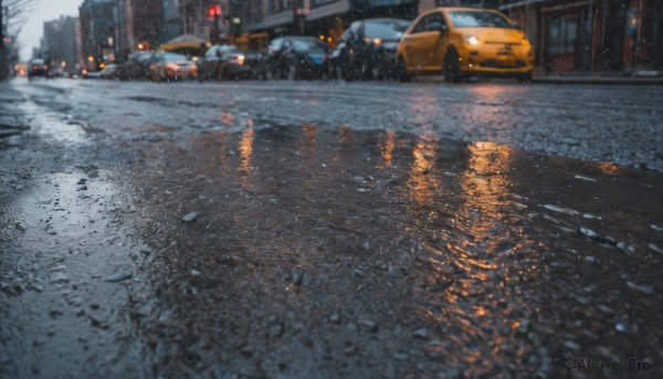 A glimpse of a motor vehicle in a picturesque rainy outdoors
