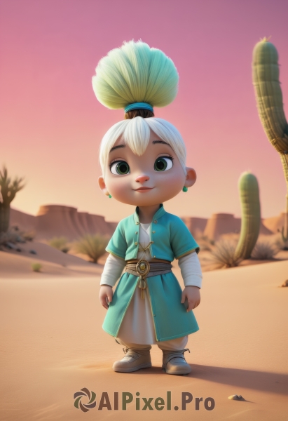 1girl,solo,looking at viewer,smile,short hair,jewelry,closed mouth,green eyes,standing,full body,white hair,short sleeves,earrings,boots,outdoors,sky,shoes,pants,artist name,necklace,blurry,tree,sash,blurry background,bandages,child,sunset,bandaged arm,female child,desert,ponytail,pointy ears,belt,lips,shadow,robe,topknot,tunic,cactus