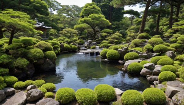 outdoors,sky,day,water,tree,no humans,nature,scenery,forest,rock,architecture,bridge,east asian architecture,river,landscape,pond,grass,moss,stone lantern,real world location