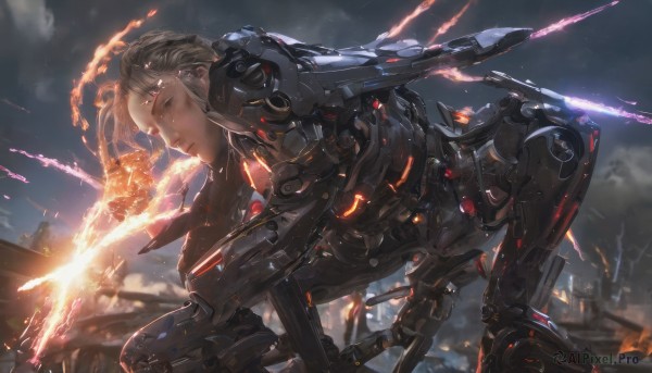 1girl,solo,looking at viewer,short hair,blue eyes,blonde hair,1boy,weapon,male focus,outdoors,sky,cloud,lips,glowing,squatting,fire,robot,mecha,smoke,science fiction,realistic,android,electricity,mechanical arms,one knee,explosion,cyborg,power armor,mechanical parts,sparks,brown hair,holding,sword,holding weapon,armor,gun,leaning forward,cloudy sky,building,rifle,injury,battle,damaged,firing,energy sword,laser