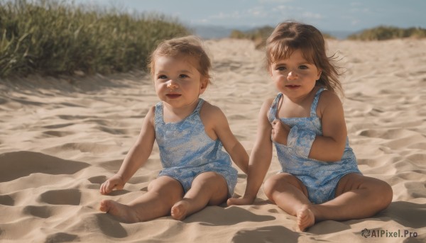 1girl,long hair,looking at viewer,smile,short hair,blue eyes,multiple girls,brown hair,1boy,dress,2girls,brown eyes,sitting,closed mouth,full body,outdoors,shorts,barefoot,sleeveless,day,blurry,feet,toes,blurry background,siblings,beach,child,realistic,sand,female child,on ground,dirty,dirty feet,open mouth,holding,sky,ocean,bandaid,bandaid on face,indian style,male child,bandaid on nose,baby