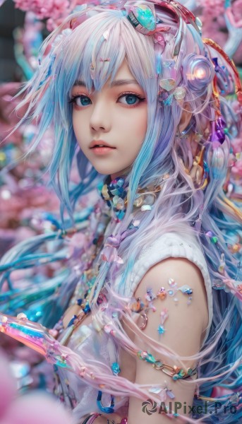 1girl,solo,long hair,breasts,looking at viewer,bangs,blue eyes,hair ornament,bare shoulders,jewelry,blue hair,upper body,pink hair,flower,white hair,multicolored hair,parted lips,sleeveless,necklace,blurry,bracelet,from side,aqua eyes,lips,petals,eyelashes,gradient hair,makeup,depth of field,blurry background,headgear,cherry blossoms,gem,armlet,realistic,nose,holding,sidelocks,earrings,artist name,signature,hair bun,sweater,looking to the side,double bun,turtleneck,watermark,tassel,web address,pink flower,beads,pink lips,turtleneck sweater,branch,mascara