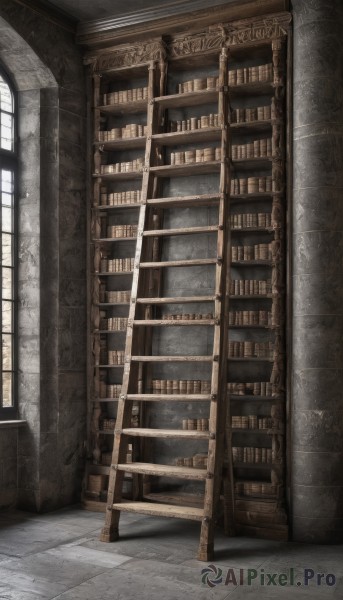 day,indoors,book,no humans,window,sunlight,scenery,stairs,bookshelf,tiles,tile floor,library,ladder